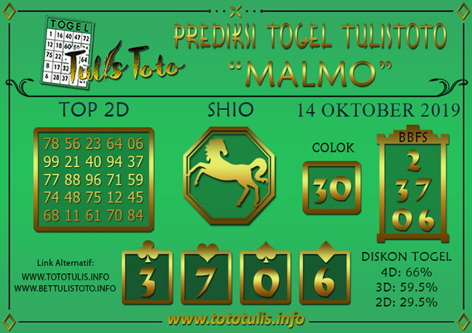 Prediksi Togel MALMO TULISTOTO 14 OKTOBER 2019