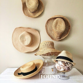 hats, straw hats, summer, summer decorating, summer home decor, home decor, decorating, neutral home decor, farmhouse style, beach style, cottage style, vintage, seashells, glass vases