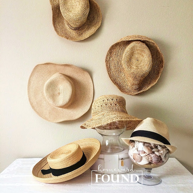 hats, straw hats, summer, summer decorating, summer home decor, home decor, decorating, neutral home decor, farmhouse style, beach style, cottage style, vintage, seashells, glass vases