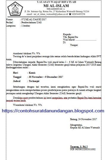Contoh Surat Pemberitahuan Ulangan Akhir Semester (UAS) | Contoh Surat