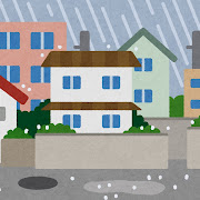 雨が降る住宅街のイラスト（背景素材）