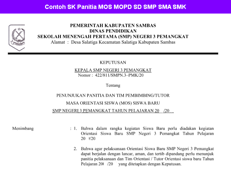 Contoh Sk Panitia Mos Mopd Sd Smp Sma Smk Mos Masa