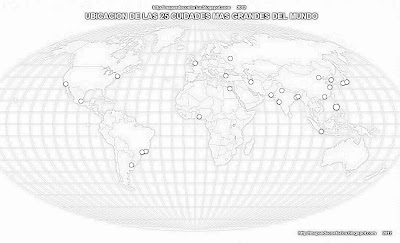 Mapamundi, seterra, nombre de las 25 ciudades mas grandes del mundo , blanco y negro