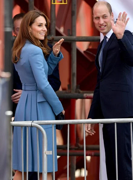 Kate Middleton wore a cornflower blue coat by Alexander McQueen. Emmy London Josie shoes Mappin and Webb empress drop earrings