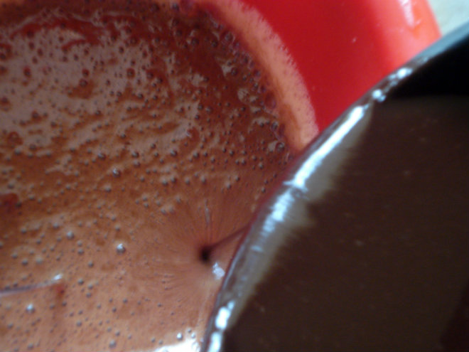 Mon Chéri chocolate cake by Laka kuharica: Add eggs and vanilla extract to the chocolate mixture.