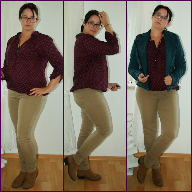 [Fashion] Everyday Girl: Beige Jeans, weinrote Blose & petrolfarbene Lederjacke