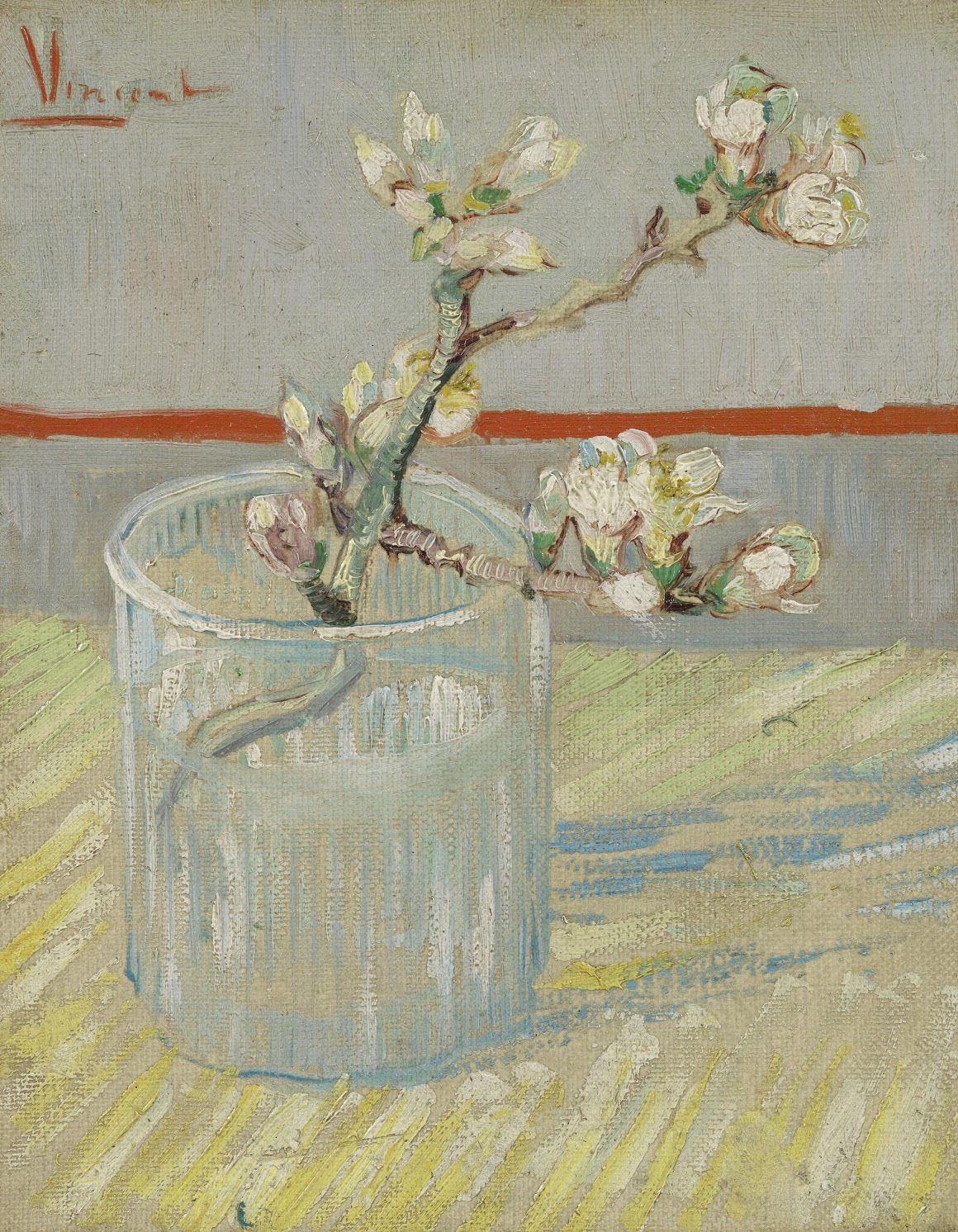 "FLOWERING ALMOND TWIG IN A GLASS"
