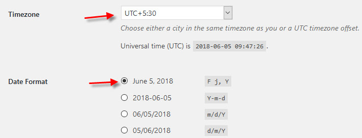 Date and timezone settings for a WordPress site