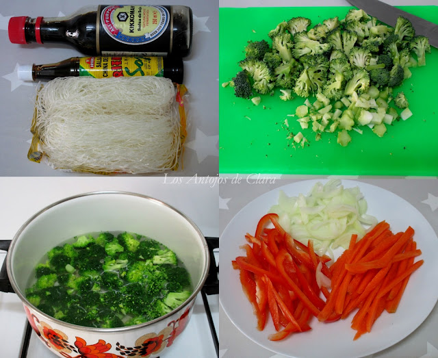 Preparación salteado de verduras con fideos