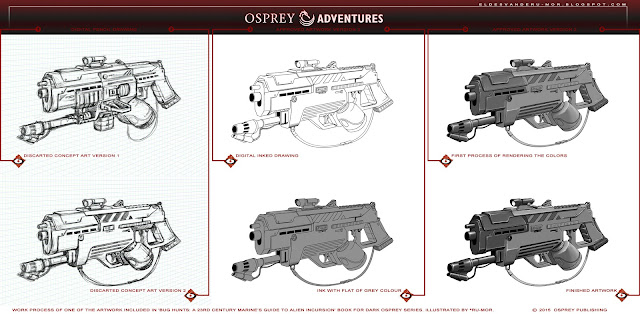 illustration of Bug Hunts book, done by RU-MOR for OSPREY Adventures, sci-fi wargame, 'Dark Osprey' collection, Osprey Publishing, alien, bug, star marines, army, space guns