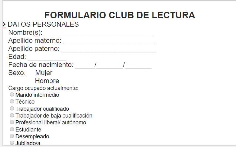 Español: FORMULARIO CLUB DE LECTURA