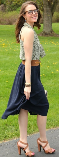 outfit posts: green tie blouse, navy a-line skirt, tan t-strap heels ...