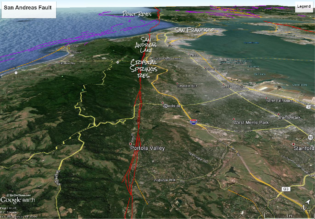 San Andreas fault on the San Francisco peninsula Google Earth image with USGS faults and annotations by RocDocTravel.com