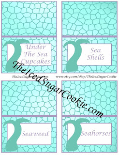 Under The Sea Cupcakes, Sea Shells, Seaweed, Seahorses-Purple And Aqua Mermaid Food Cards Printable Template For A DIY Mermaid Birthday Party