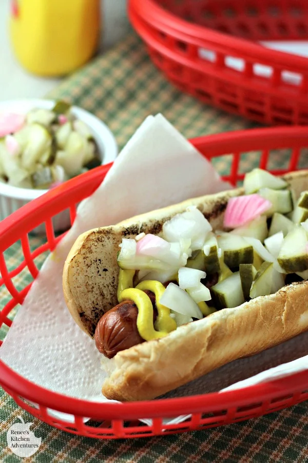 Homemade Refrigerator Pickle Relish | by Renee's Kitchen Adventures - quick and easy recipe for refrigerator pickle relish that makes a great topping for hot dogs, burgers and more!  Great homemade relish for your summer BBQ!  #SundaySupper  #RKArecipes