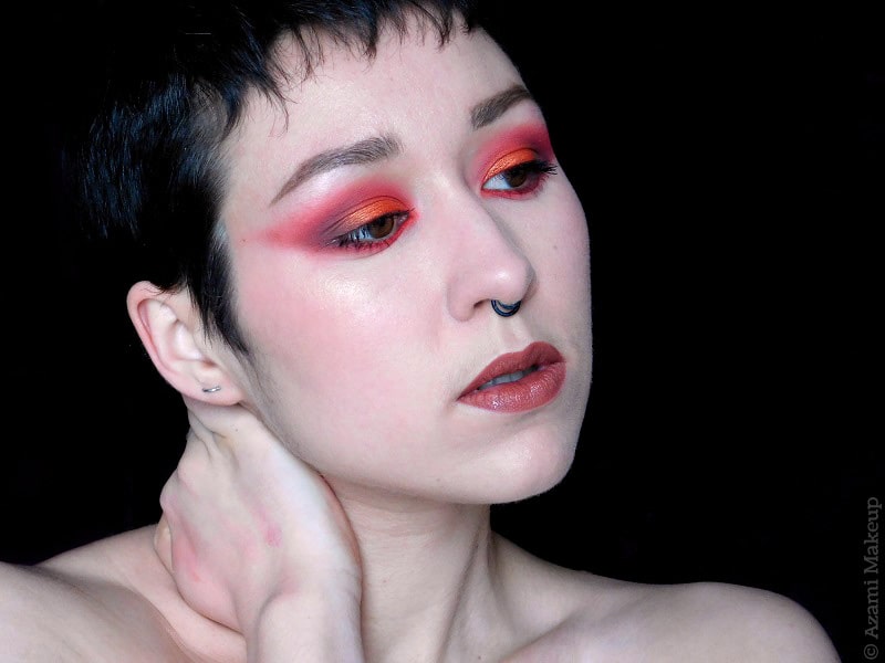 Tangerine Blossom Makeup Look - BeautyBay EYN Bright Shimmer Eyeshadow Palette S.O.S. - M.A.C. Cosmetics Spice Lipliner Lipglass - Eyebrow Styler Spiked - L.A. Girl Pro Conceal Natural - Spring 2019 - Paint Pot Painterly - Extra Dimension Highlighter Beaming Blush - Estée Lauder Pure Color Envy Multi-Effects Mascara
