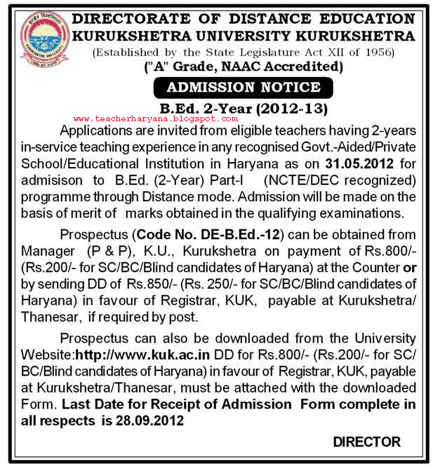 B.ed kuk distance last date 28.9.2012 Teacher Haryana Education News