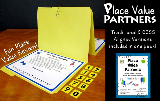 Place Value Partners game and three more math center games for reviewing place value.
