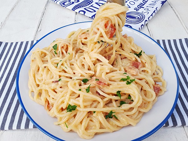 Quick, easy delicious pasta dinner (with Bacon and TWO cheeses!)