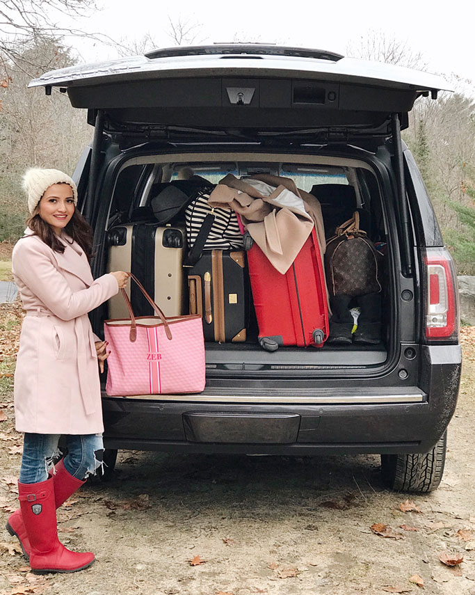 Pink Coat Red Hunter Boots Roadtrip Blogger Outfit