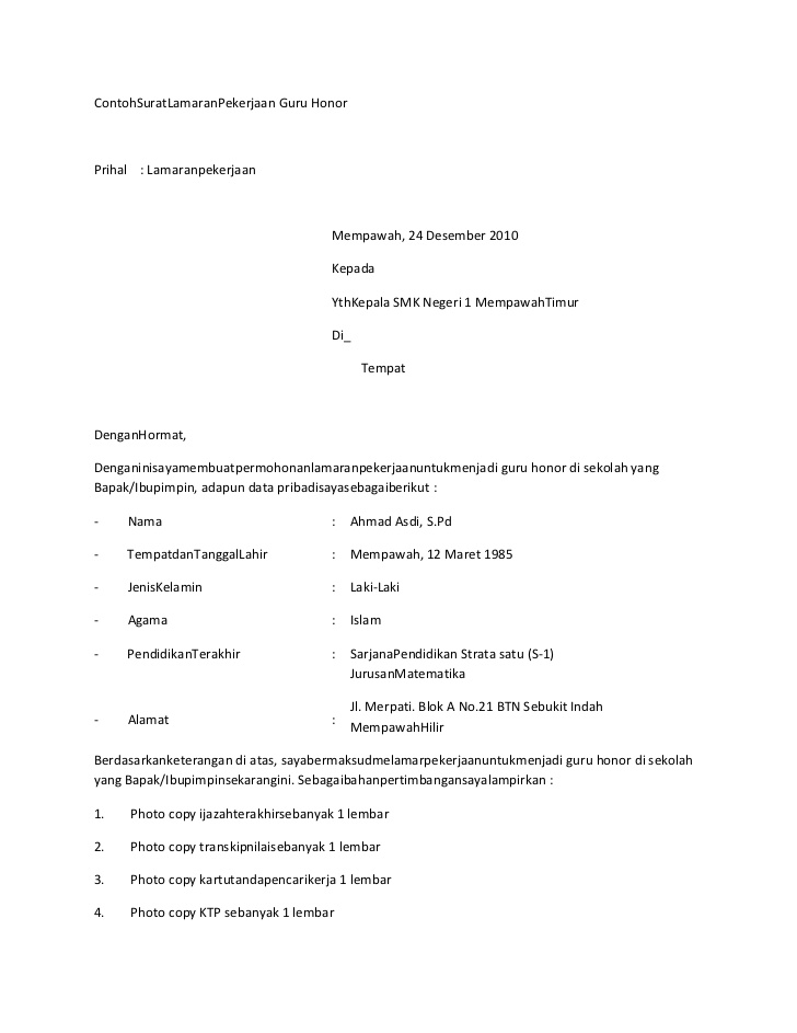 Contoh Surat Lamaran Kerja Ke Sekolah Sebagai Tata Usaha