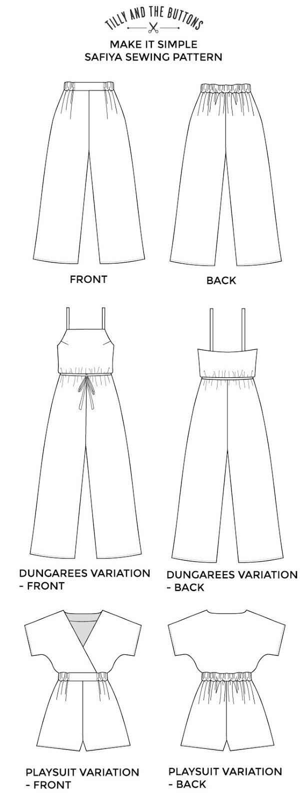 Safiya trousers, dungarees + playsuit sewing pattern - Make It Simple book - Tilly and the Buttons