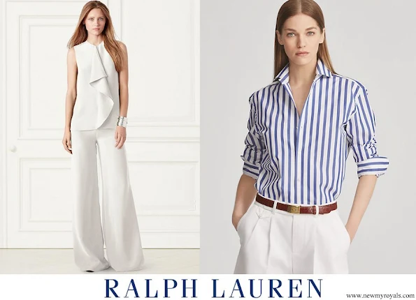 Meghan Markle wore Ralph Lauren Striped Cotton Shirt and Charmain Silk Wide leg Pant
