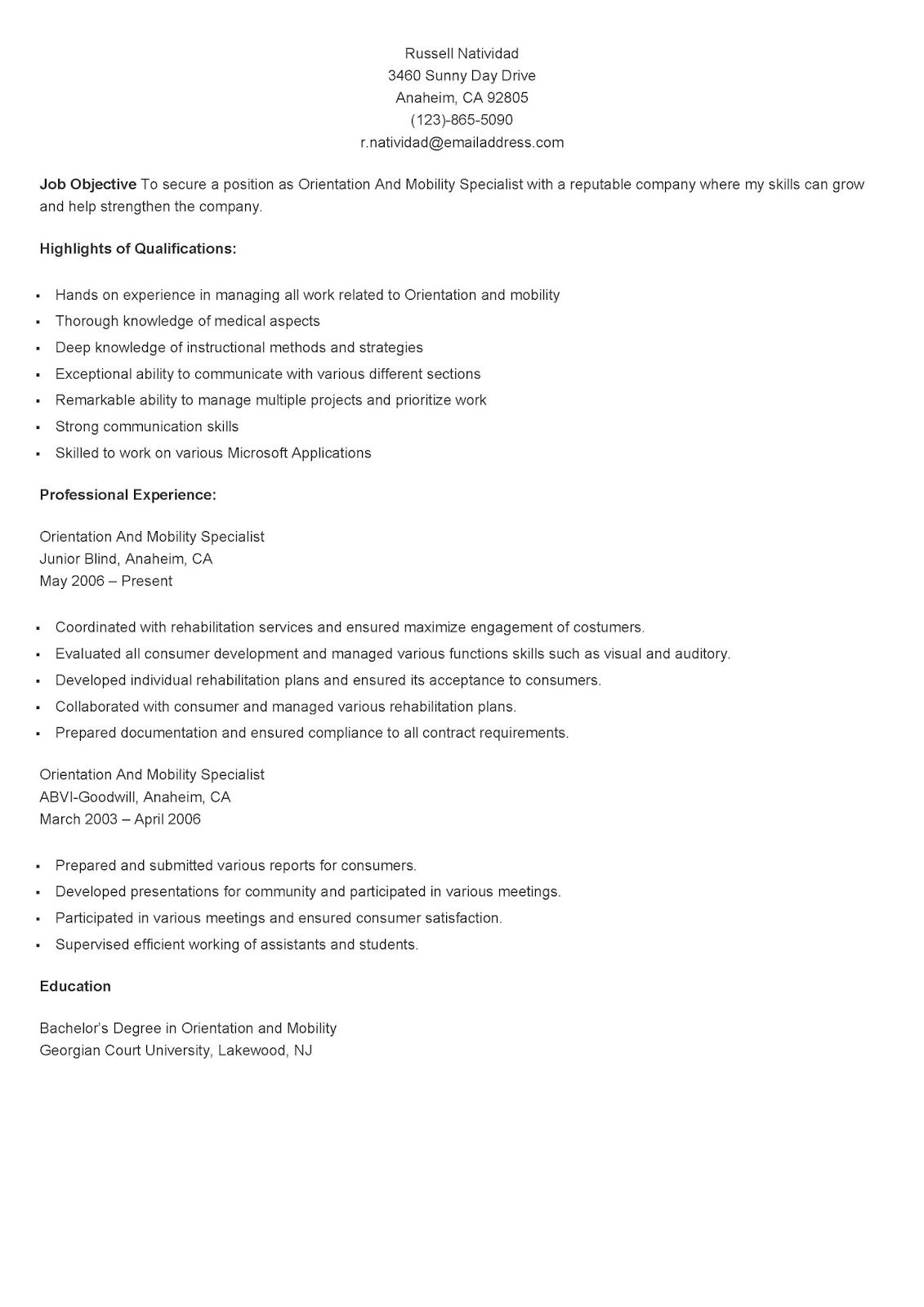 Resume Samples Sample Orientation And Mobility Specialist Resume