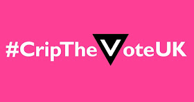 #CripTheVoteUK in bold white letters on a pink rectangular background. The V in Vote is superimposed on an upside down black triangle