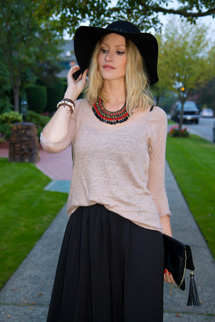Vancouver Fashion Blogger, Alison Hutchinson, wearing Zara black hat, maxi skirt, nude knit, black suede booties, black and red woven necklace; H&M black leather bag, True Worth Design and XO Bella skull bead bracelets, and Givenchy Bracelet