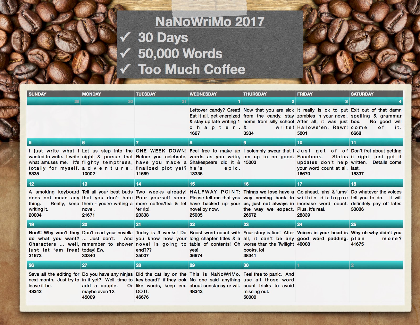 nanowrimo calendar 2017