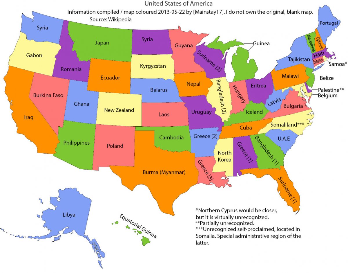 Us States Labeled With Similarly Sized Countries Vivid Maps