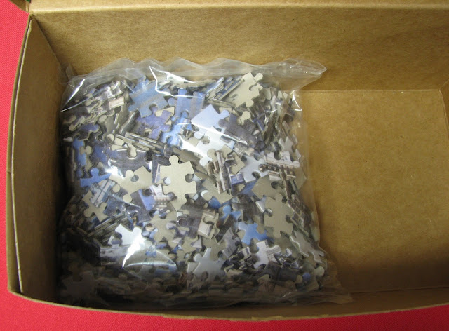 Puzzle pieces in zip lock bag in OCC shoebox.