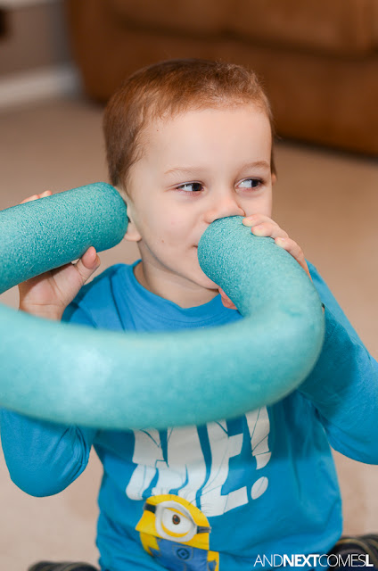 How to use a pool noodle to work on volume control with kids - great idea for kids with autism from And Next Comes L