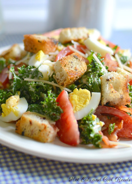 A hearty and flavor packed salad with bacon, egg, tomato, parmesan cheese and croutons! Perfect for lunch, an appetizer or side dish! Loaded Kale Caesar Salad Recipe from Hot Eats and Cool Reads