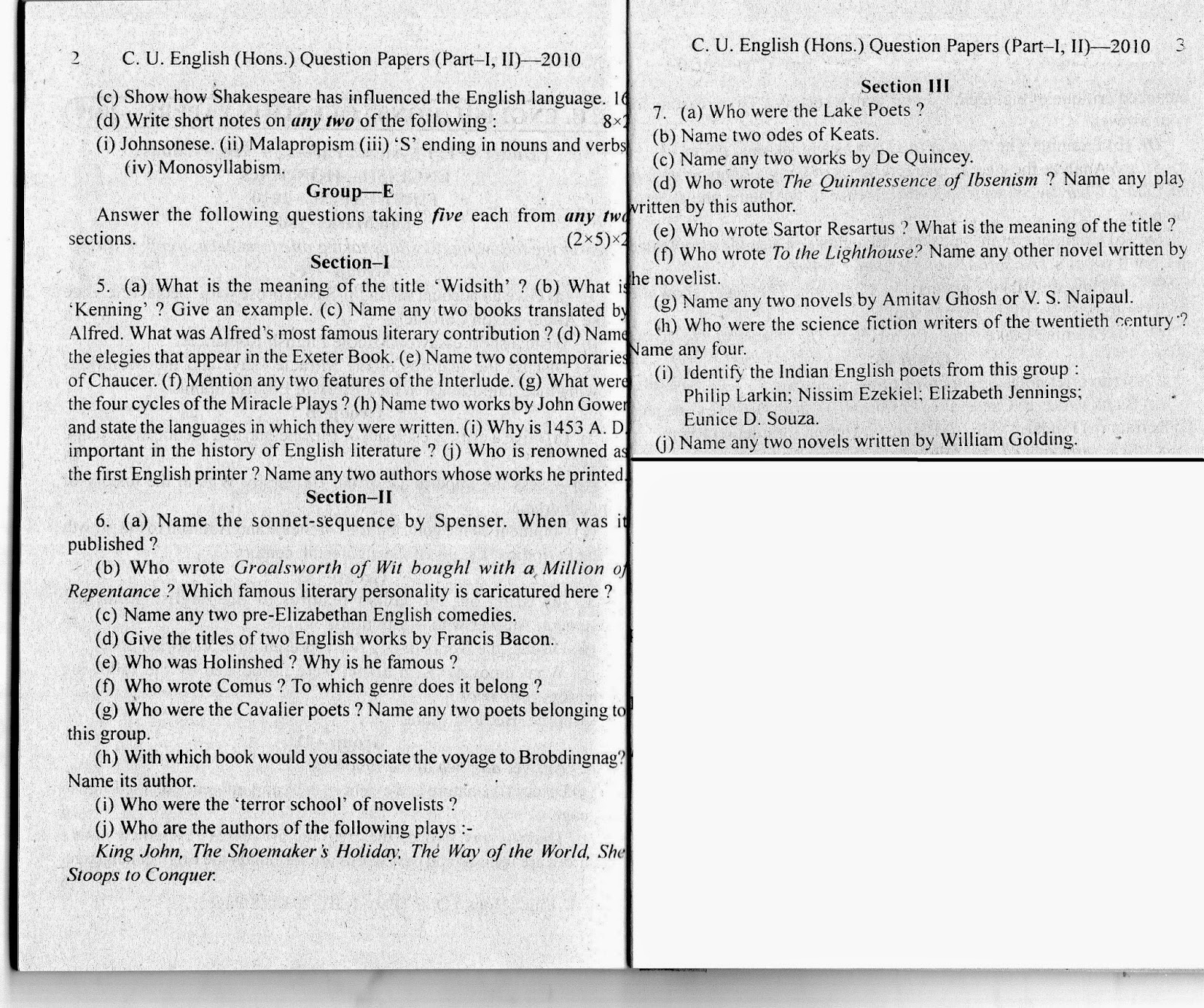 C.U. ENGLISH HONOURS QUESTION PAPER 2010 [First Paper] The Wise Notes