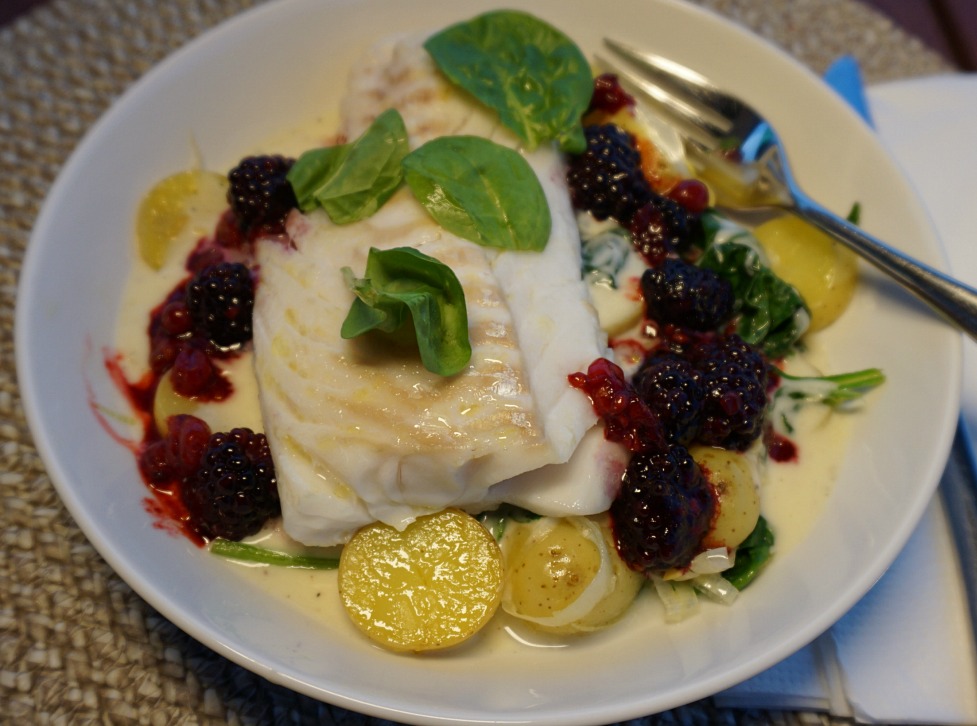 Cod with vegetables and red berry compote