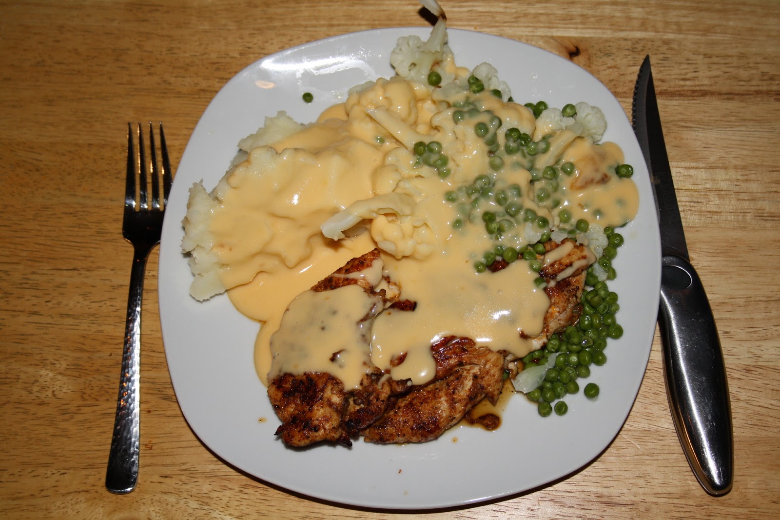 Eat Out In Every Night Southwest Chicken with Cauliflower in cheese sauce.