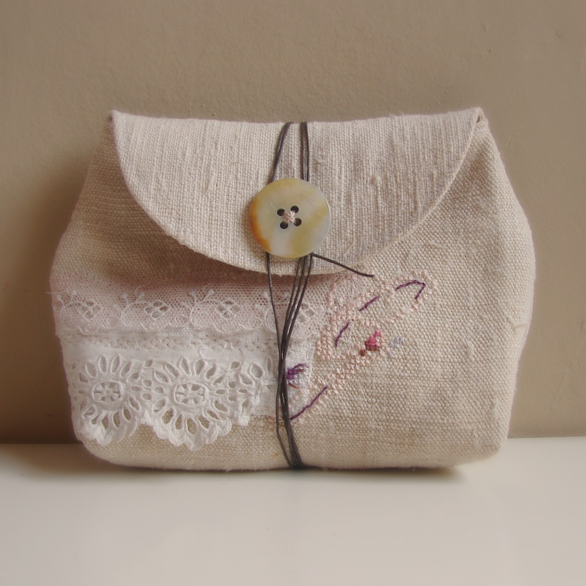 Roxy Creations Antique linen pouch cross stitch monogram