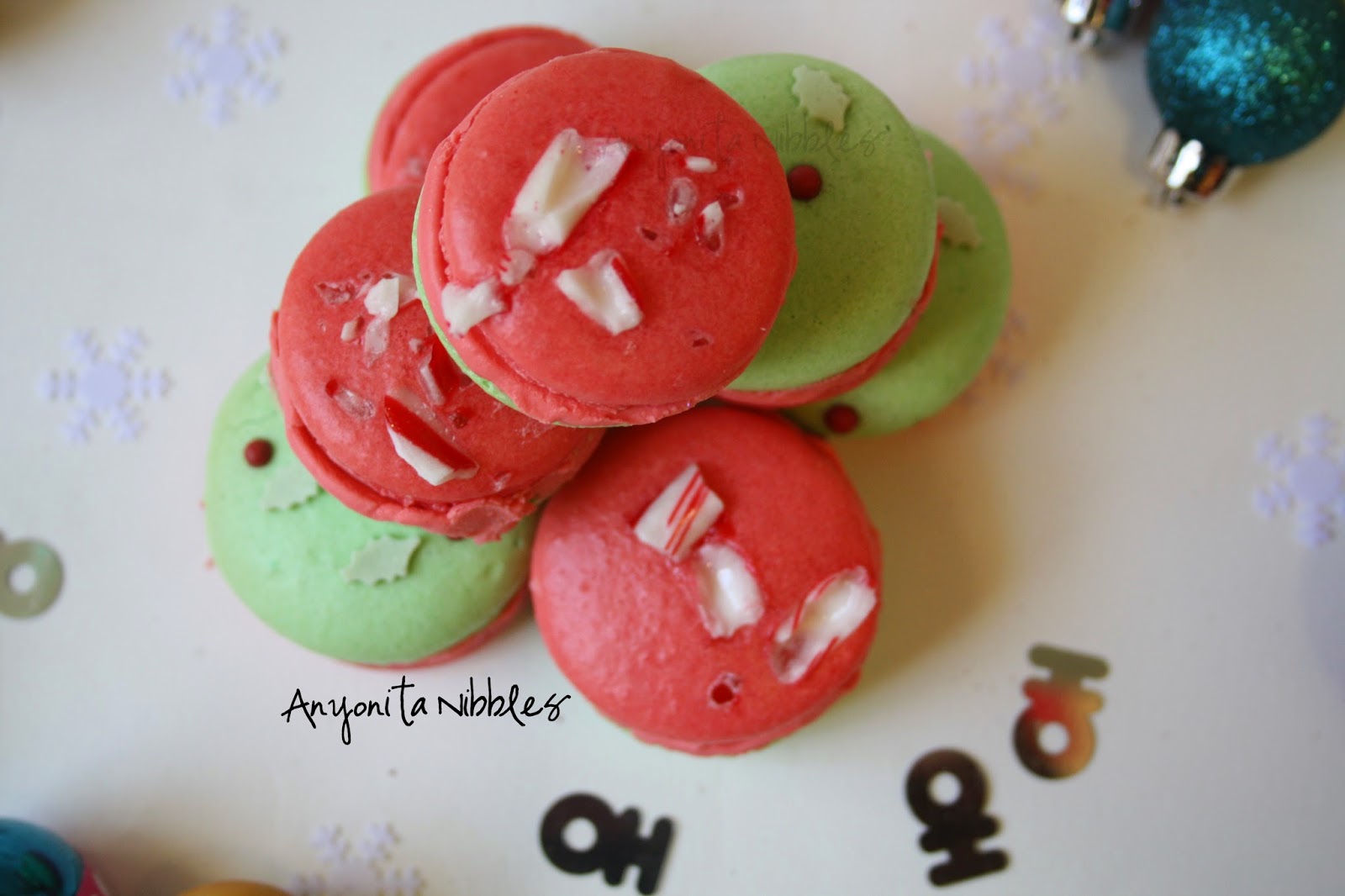 Overhead view of Christmas peppermint macarons from Anyonita-nibbles.co.uk