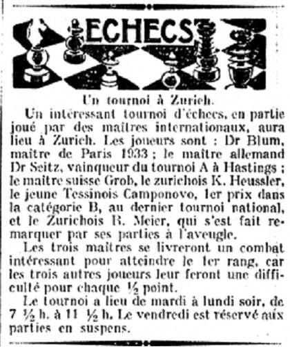 Recorte de periódico donde consta la participación del Dr. Blum y de Seitz en el Torneo de Ajedrez de Zurich 1935