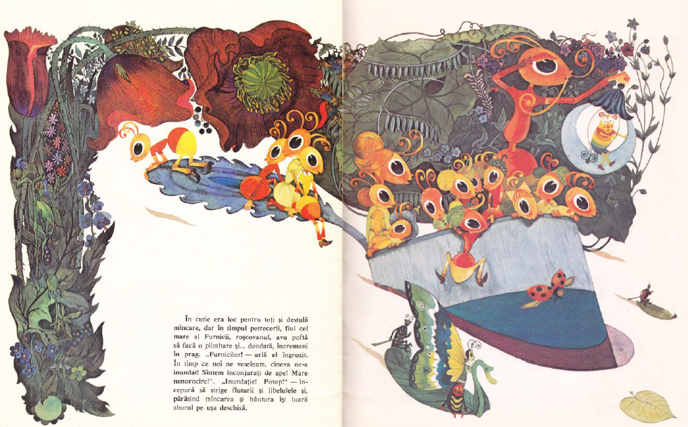 مورچه شجاع فانوس به دست در عرشه کشتی قوطی کنسروی ایستاده و سیل را نظاره میکند فانوس کرم شبتابی در دستش گرفته گل گلی گلهای شقایق برگ ساقه ریشه رود خانه رودخانه برکه سیل آبگیر آب گیر برگ برگی گلبرگ گلبرگی پروانه قو پارو قایق کشتی لنج کلک شنا ور شناور شناوری شناگر شناگری استخر اصطخر گیاه گیاهی گیاهان نجات غریق غرق چشم چشمان چشمهای درشت تزئینات زیبا نقاش گنادی پاولیشین روسی بعد از مدتی بزرگترین پسر ، که مورچه ای متمایل به قرمز بود ، تصمیم گرفت برای قدم زدن بیرون برود . وقتی روی لبه پله ایستاد ، فریاد کشید و گفت : کمک ، ما بوسیله آب محاصره شده ایم ! کمک کمک سیل آمده ! After a while ant,s eldest son a reddish fellow , decided to go for a walk . But he stopped in his tracks at the doorstep and cried : 