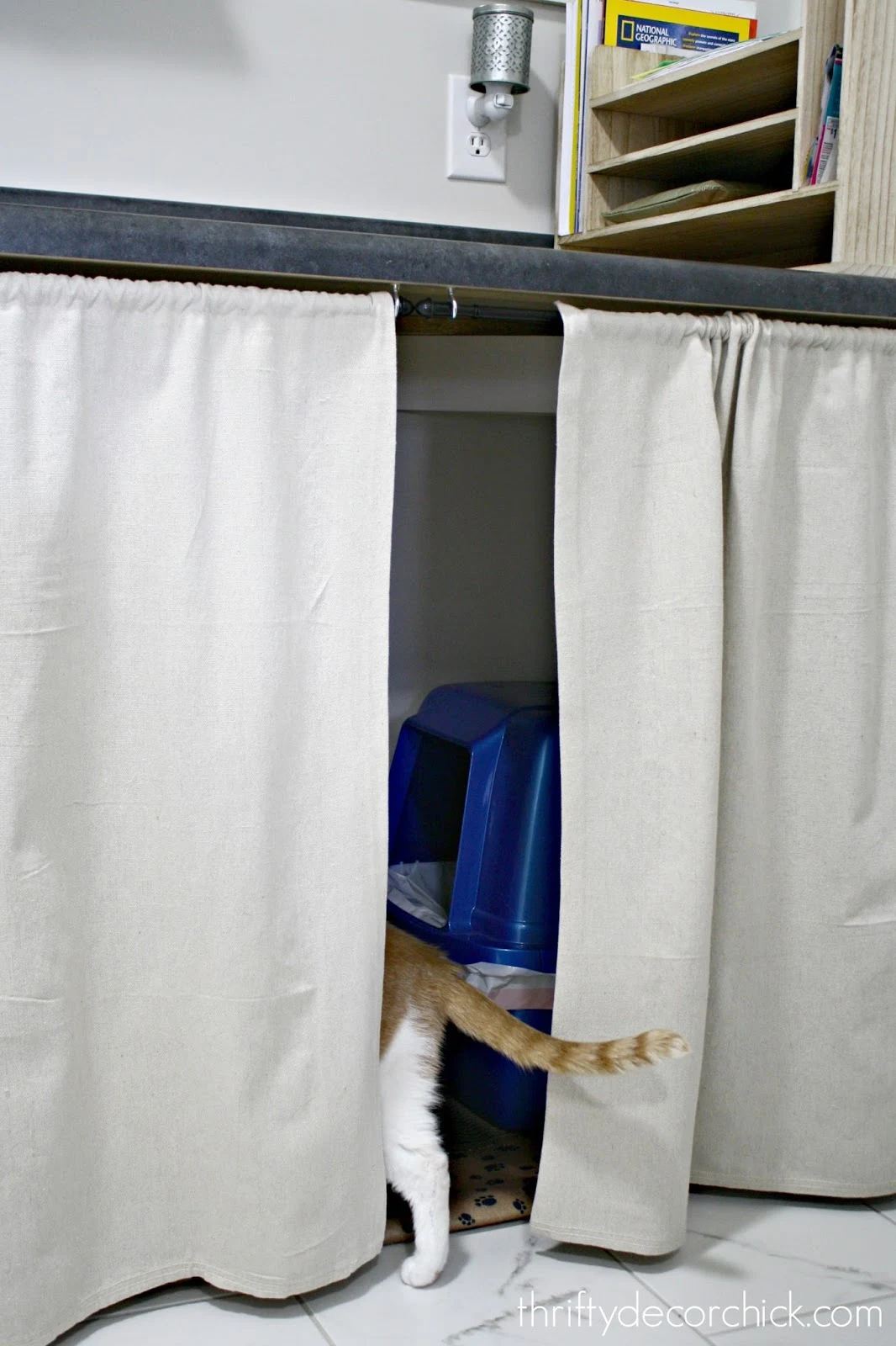 DIY skirt under table to hide litter boxes