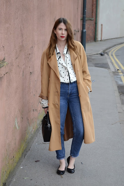 Parisian street style, Simple black and white silk shirt from a Charity shop, Vintage trench, Topshop high waisted mom jeans, Black Ballet pumps, Zara Croc effect black bag.