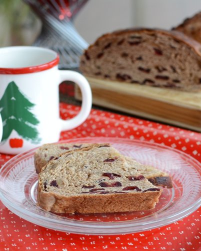 Cranberry Walnut Bread ♥ KitchenParade.com, special for the holidays, a barely sweet yeast bread studded with dried cranberries and toasted walnuts.