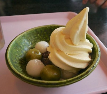 Japanese ice cream dango, red beans and vanilla ice cream