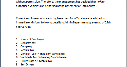 Unauthorized Parking Letter Format in Word