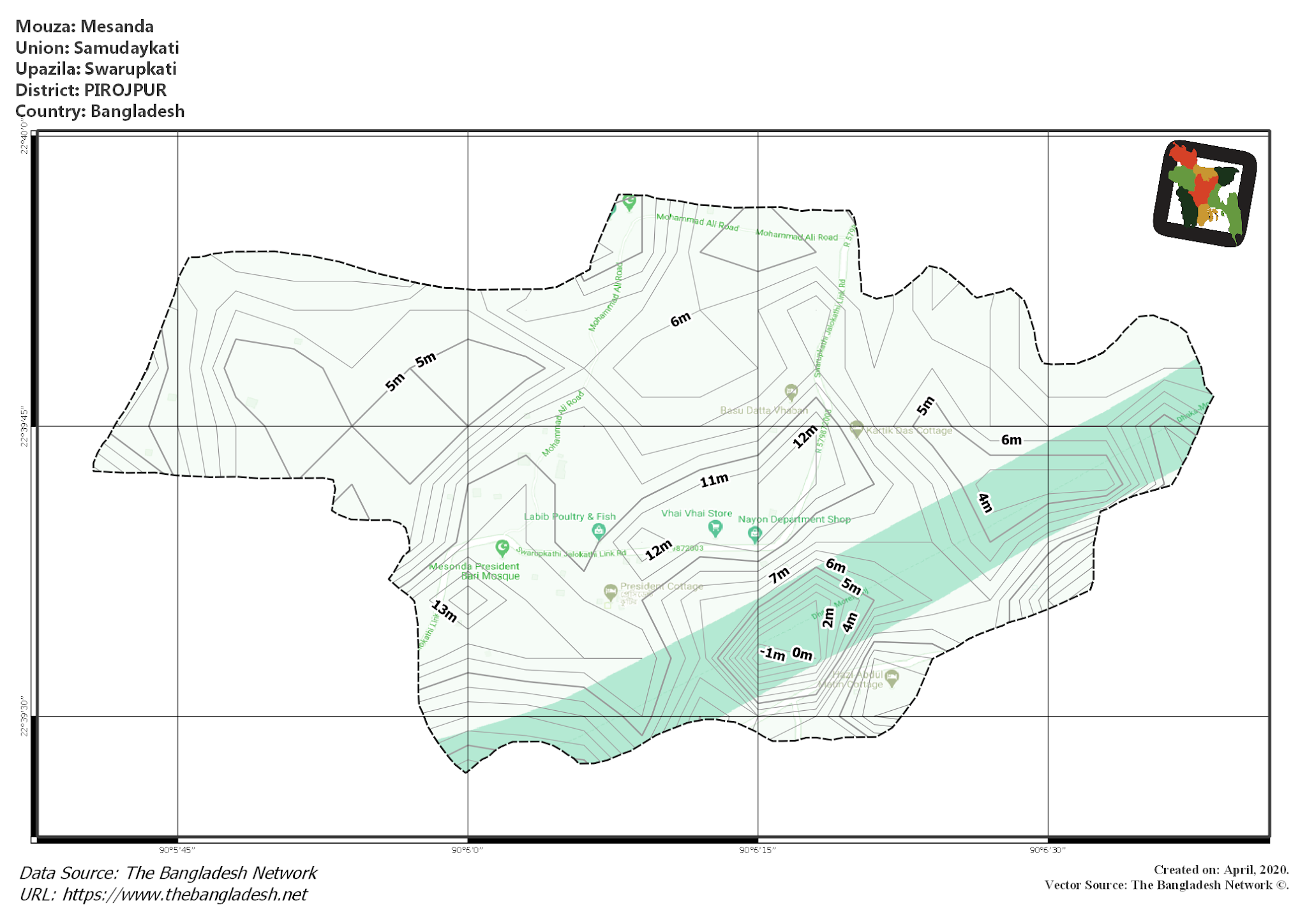Map of Mesanda Mouza of Swarupkati Upazila, PIROJPUR, Bangladesh.