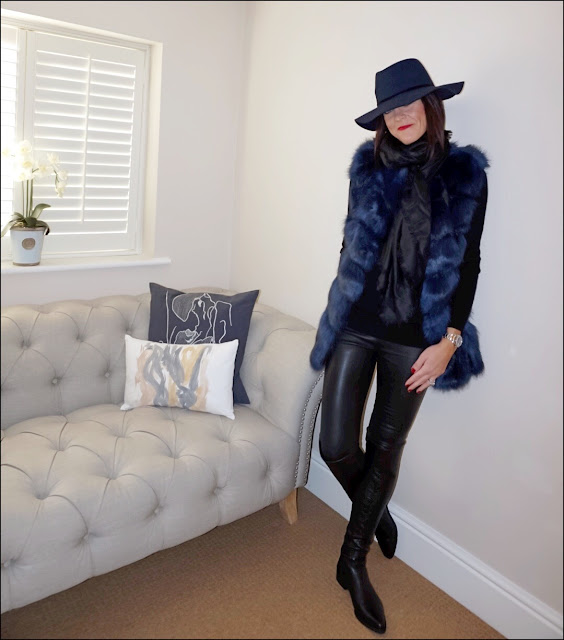 My Midlife Fashion, Navy blue faux fur gilet, felt fedora hat, louis vuitton monogram scarf, massimo dutti leather leggings, boden relaxed fit cashmere jumper, zara over the knee leather boots