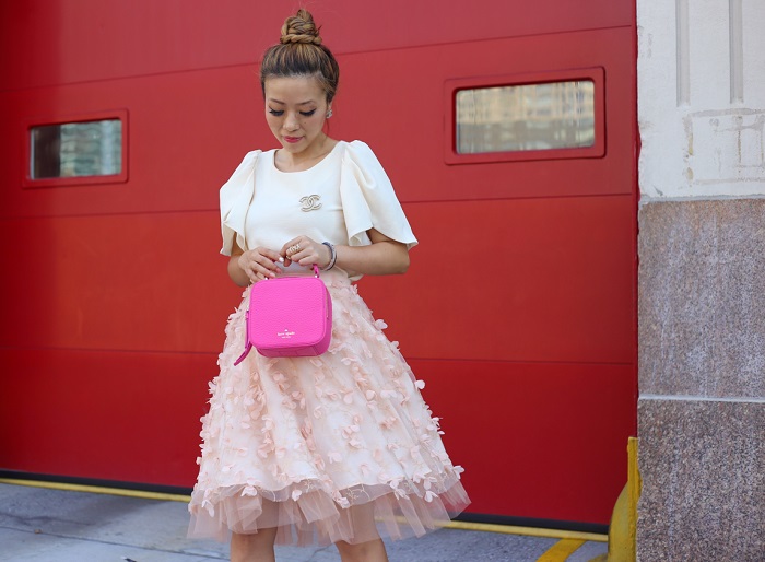 anthropologies fluttered fete midi skirt, chanel earrings, chanel brooch, kate spade bag, hot pink bag, midi skirt, christian louboutin heels, street style, fashion blog, new york fashion blog, chinese valentines day, date night outfit, anthropologies sale
